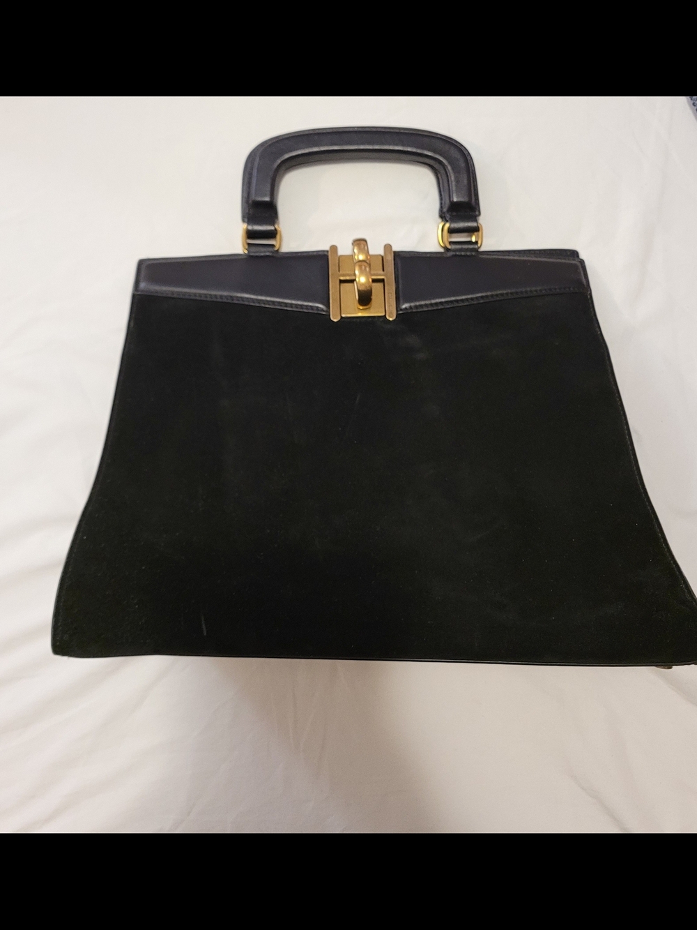 henri bendel Black Suede Top-Handle Tote with Gold Hardware